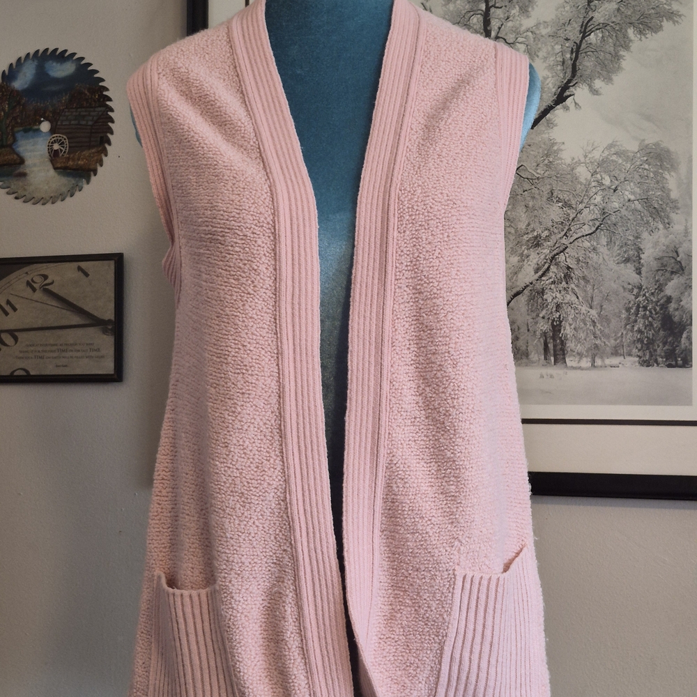 Vintage Fire Islander Pink Textured Open Front Sweater Vest Large